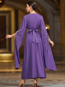Layrah Elegant Rhinestone Embellished Purple Long Sleeve Turkish Style Dress For Party Kaftan Jalabiya Dress - Purple - View 2