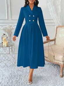 Lyxana Women's Double-Breasted Pleated Suit Skirt Set - Teal Blue - View 3