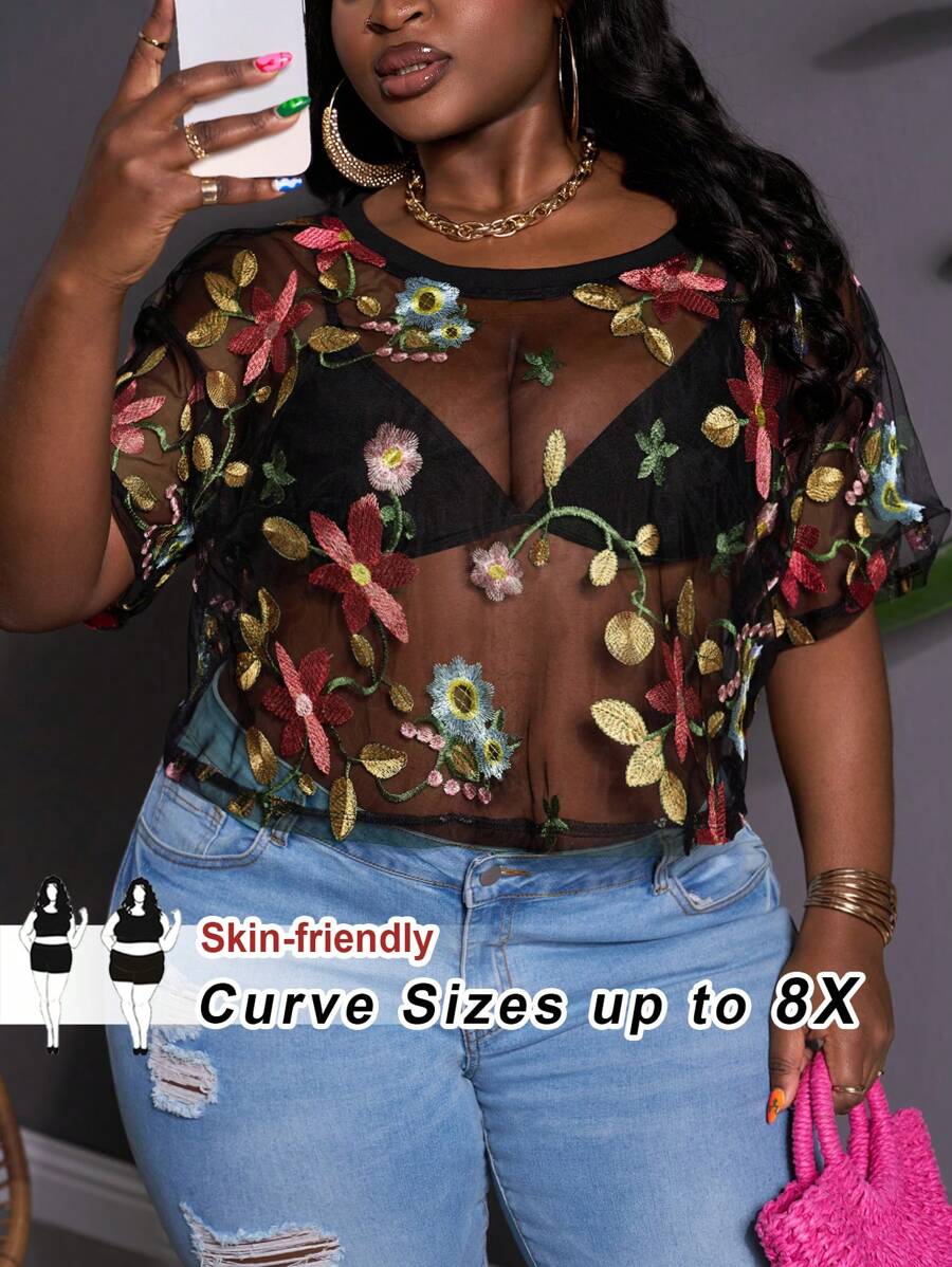 SHEIN CURVE+ 大码女式花卉刺绣时尚休闲宽松透明短袖衬衫，适合波西米亚风度假 - 彩色 - 查看 1