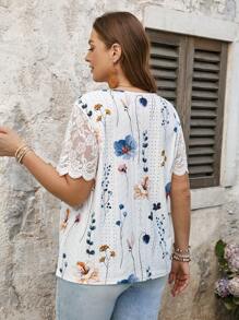 SHEIN LUNE Plus Size Women's V-Neck Lace Patchwork Plant Print T-Shirt Summer For Women Vacation Woman Summer Top Wedding Season Beach For Woman - White - View 3