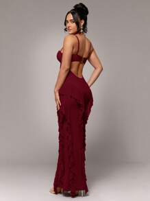 Silquee Vestido sexy y elegante de color rojo sólido con tirantes de espagueti, volantes, cola de pez, espalda descubierta, botones metálicos, flor 3D y cinta, adecuado para fiestas de cóctel, citas románticas, vestido de malla de punto, reuniones, eventos formales, vestidos de dama de honor, salidas nocturnas, vestido de Halloween, vestido de Navidad, vestido extra largo