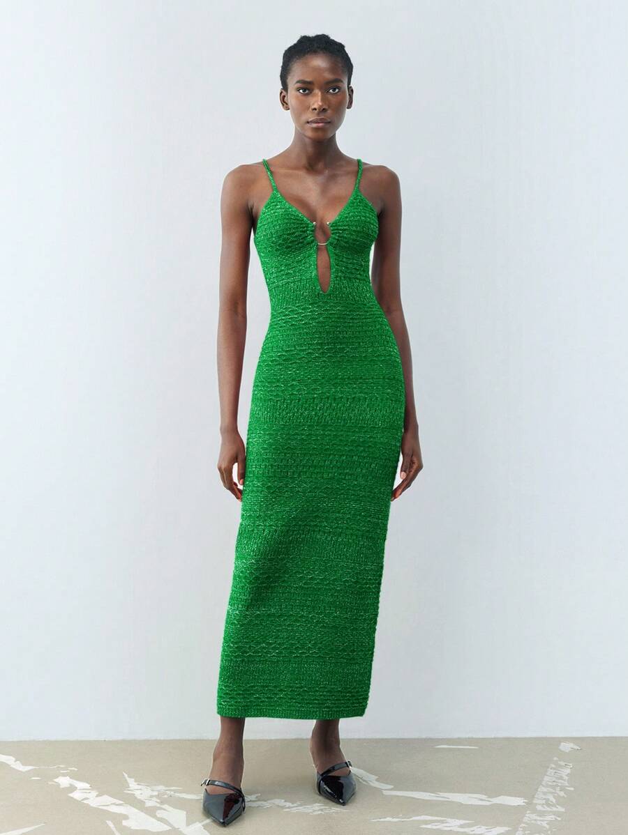 Maija 春夏新款绿色圆形金属纽扣节日优雅现代女式毛衣裙适合外出度假、节日、日常休闲、沙滩婚礼、情人节派对穿着老款90年代女装波西米亚风 - 綠色 - 查看 1