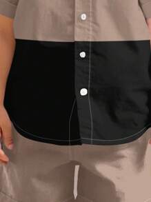 SHEIN Leap Crew 男婴休闲简约经典色块拼布印花柔软衬衫和短裤套装，适合春夏季 - 彩色 - 查看 4