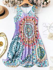 SHEIN LUNE Plus Size Women Floral Print V-Neck Casual Cami Dress For Vacation - Purple - View 1