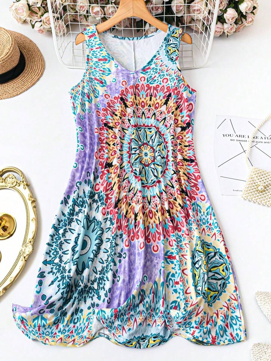 SHEIN LUNE Plus Size Women Floral Print V-Neck Casual Cami Dress For Vacation - Purple - View 1