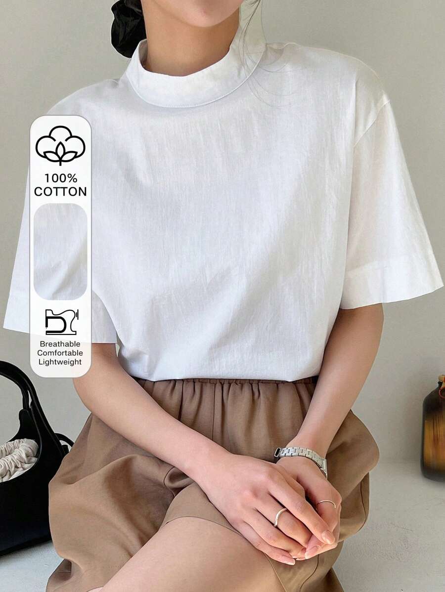 DAZY Blusa Sólida De Cuello Alto Simulado Y Hombro Caído - Blanco - Ver 1