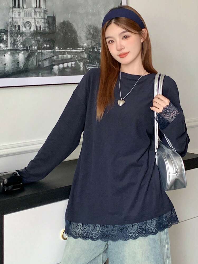 Women's Casual Loose Lace Patchwork Drop Shoulder Round Neck Long Sleeve T-Shirt,Fall Clothes