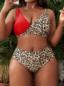 SHEIN Swim Curve Plus Size Sexy Fashionable Leopard Patchwork Triangle Top And High Waist Bottoms Bikini Set