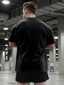 GymBeat 男士哑铃字母印花圆领短袖运动T恤，适合健身房穿着，舒适透气吸湿，男士压缩衣 - 黑色 - 查看 2