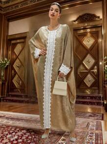 SHEIN Clasi Vestido maxi para Ramadán con mangas acampanadas, encaje decorativo y estampado de lámina dorada, cómodo y suelto, para mujer de talla grande