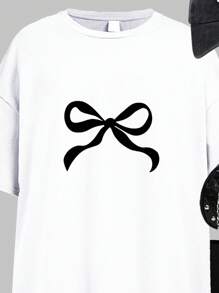 SHEIN Leap Crew Set de 2 piezas de outfit de verano para adolescentes, con blusa de manga corta de cuello redondo con estampado de moño - Multicolor - Ver 4