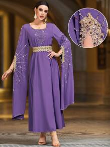 Layrah Elegant Rhinestone Embellished Purple Long Sleeve Turkish Style Dress For Party Kaftan Jalabiya Dress - Purple - View 4