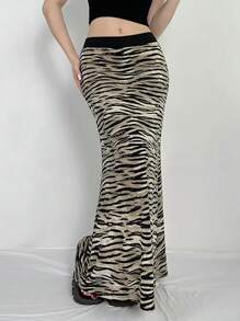 INAWLY 女士夏季时尚斑马图案印花低腰半身裙