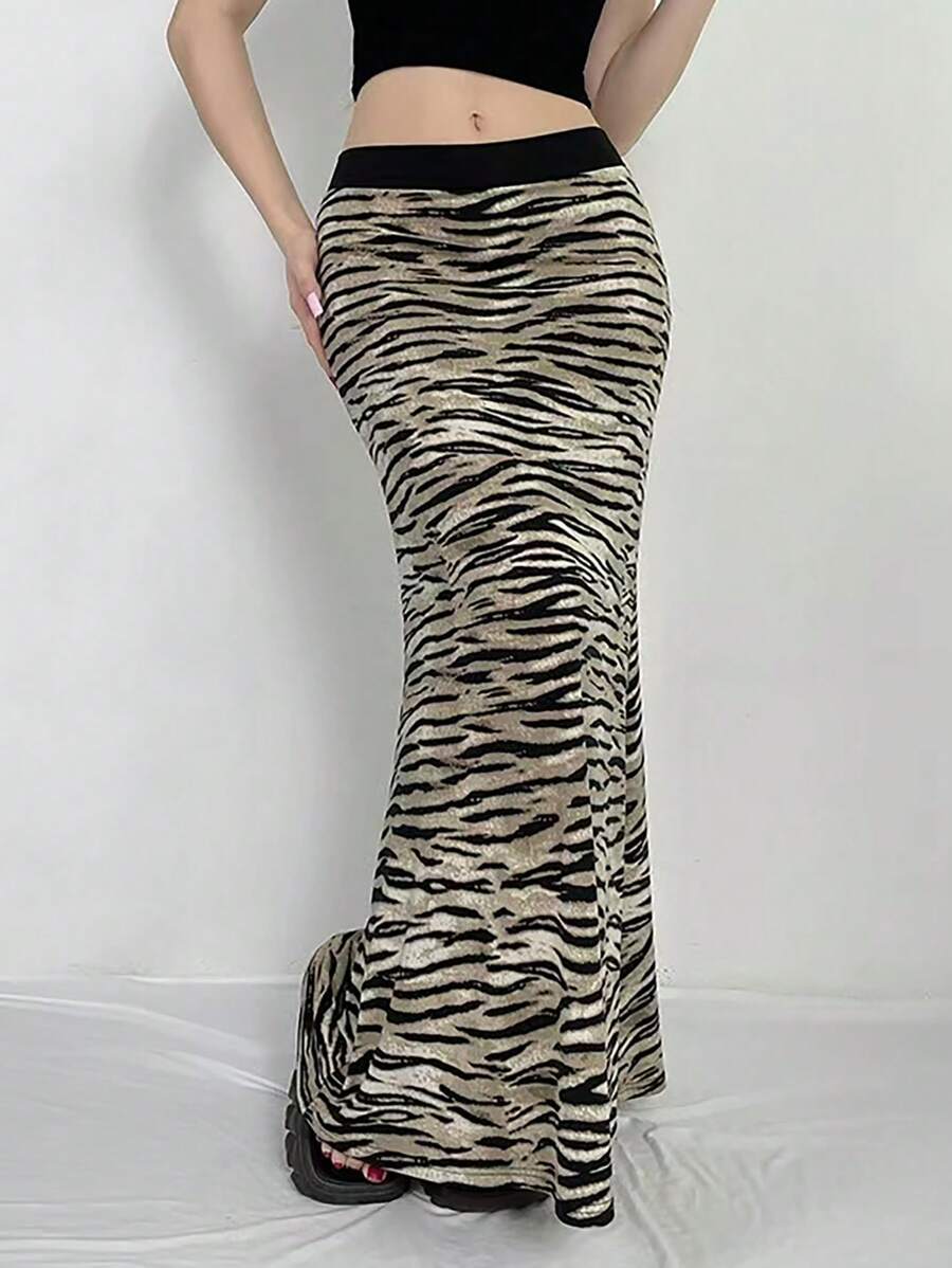 INAWLY 女士夏季时尚斑马图案印花低腰半身裙