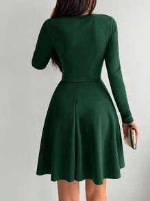 EURMUSE Solid Surplice Neck Dress - Green - View 2
