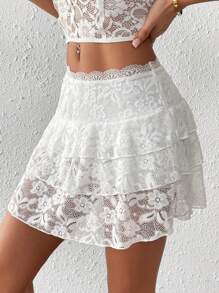 Chiquease Women's Elegant Solid Color Lace Cake Skirt - White - View 3