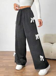 Teen Girls Loose Knit Wide Leg Pants Black Color With White Lace Bow Decor, Casual Waist Tie Front Pants, Gift For Valentine's Day, Friends Or Yourself,Holiday,Summer,Travel - Dark Grey - View 3