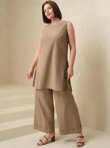 SHEIN Clasi Plus Size Solid Round Neck Sleeveless Split Hem Longline Tank Top And Wide Leg Pants 2pcs Set