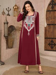 Al Najma Women's Spring/Summer Retro Pattern Turkish Kaftan & Arabic Traditional Long Robe,Modest - Burgundy - View 6