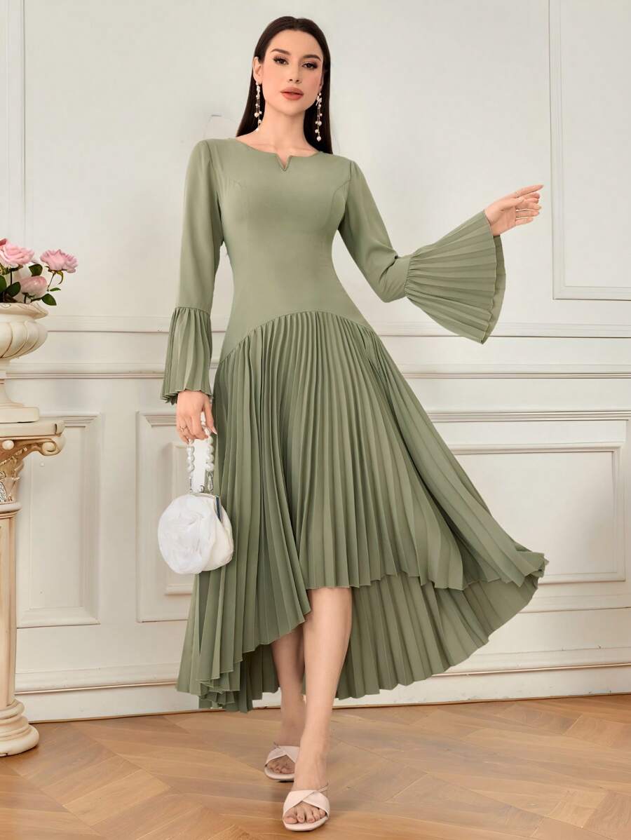 Modelyn 女士纯色褶皱喇叭袖优雅长裙 - 橄欖綠 - 查看 1