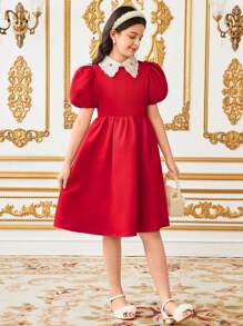 SHEIN Vestido sin mangas con cuello redondo elegante de patchwork dorado para niña preadolescente - Dorado - Ver 6