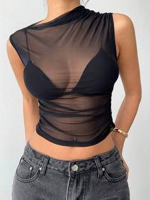 Siren Gaze 黑色网眼透视不对称领口上衣，音乐节派对上衣，夏季女装，复活节/音乐会女装音乐节假期 - 黑色 - 查看 3