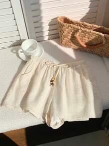 Comfortcana Women's Casual Ruched Waist Drawstring Pocket Relaxed Shorts - Apricot - View 3