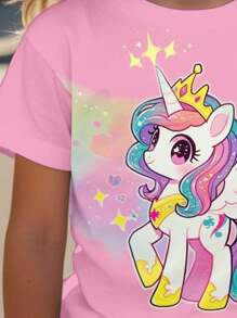 SHEIN تي شيرت قصير الأكمام برقبة دائرية بنمط وحيد قرن، مناسب للفتيات الصغيرات، تصميم بسيط وعادي، مناسب للصيف - متعدد الألوان - مشاهدة 4