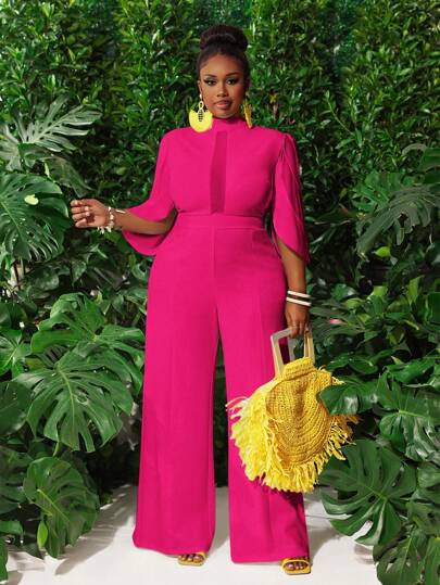 Slaydiva 大码女式性感优雅白色花朵喇叭蕾丝和网眼拼接长款连体裤，适合派对、约会、情人节