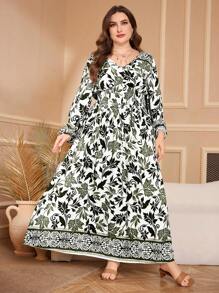 Lacomfia Große Größen Kleid mit V-Ausschnitt, gefalteter Taille, Langarm, Lässig Blume Muster, Regular Fit für Frühling und Herbst