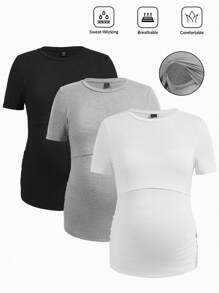Modmama 3pcs Maternity Round Neck Short Sleeve Nursing T-Shirt