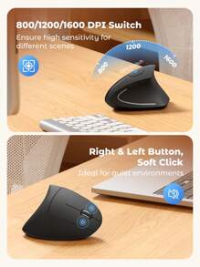 Teckwe 2.4G Wireless Vertical Ergonomic Optical Mouse, 800 / 1200 /1600 DPI, 6 Buttons, Quiet Clicks