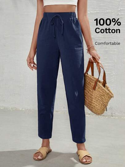 SHEIN Frenchy 100% Cotton High Waist Tie Front Tapered Pants Winter Casual Blue Spring