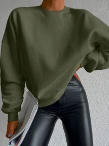 RueChic Solid Drop Shoulder Sweatshirt - Dark Green - View 7