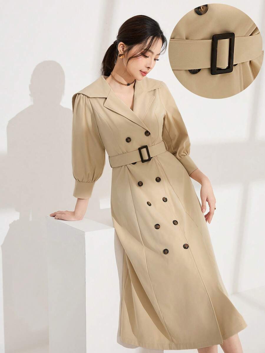 Modelyn Women's Solid Color Front Button Long Sleeve Simple Casual Dress - Beige - View 1
