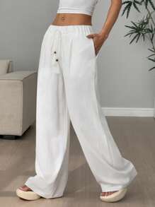 Flirla Pantalones casuales cómodos y ajustados de color liso para mujer