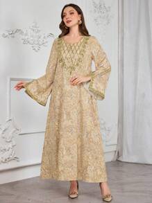 Al Najma 女式套头束腰外衣，佩斯利花纹和金色亮片领，土耳其和阿拉伯传统长裙，朴素的卡夫坦 - 卡其色 - 查看 4