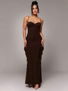 Silquee Váy dài hở lưng hở lưng màu đỏ thanh lịch gợi cảm cổ chữ V không tay nhiều lớp viền xếp nếp, nút kim loại trang trí hoa, thích hợp cho tiệc cocktail, hẹn hò lãng mạn, váy lưới đan, tiệc tùng, tụ họp trang trọng, váy phù dâu, đi chơi buổi tối, Halloween, Giáng sinh, váy siêu dài - Cà phê nâu - Xem 7