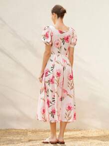 Aveloria Rosie Vestido midi de manga abullonada con lazo en la cintura y estampado floral romántico para mujer, estilo cortesano, adecuado para vacaciones de primavera/verano