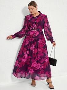 Aveloria Modichic Plus Size Elegante Vakantie Stijl Bloemenprint Lange Mouw Revers Kraag Paars Rode Chiffon Jurk Met Riem