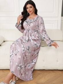 Al Najma Plus Size Women's Floral Pattern Cinched Waist Arabian Dress,Modest - Multicolor - View 5