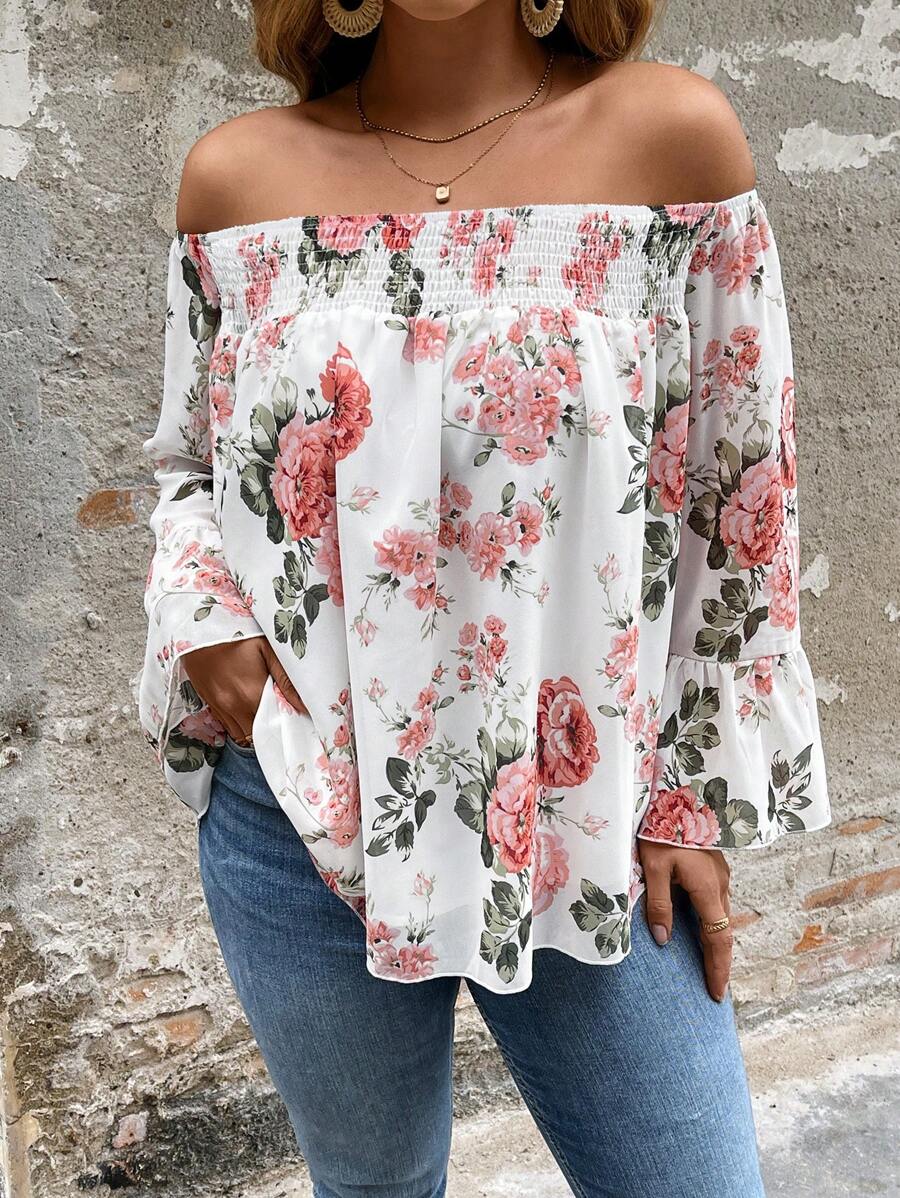 SHEIN Clasi Plus Size Women's Casual Holiday Bohemian Style Floral Print Chiffon Cold Shoulder Blouse, Spring/Summer - White - View 1