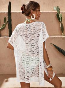 Swim Vcay 纯色镂空针织透明罩衫，适合海滩/度假