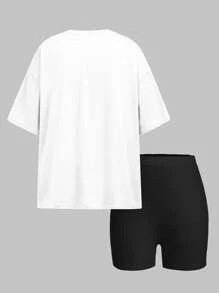 SHEIN Leap Crew 青少年女孩豹纹蝴蝶结印花休闲简约短袖 T 恤和短裤两件套，适合夏季