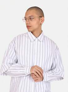 SUMWON Chemise boutonnée surdimensionnée en coton mélangé à rayures verticales, style classique décontracté de bureau, porter au printemps et à l'été, col classique, manches longues - Blanc - Voir 6