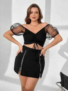 SHEIN Essnce 女性加大碼純色簡約日常穿搭網紗上衣 - 黑色 - 查看 3