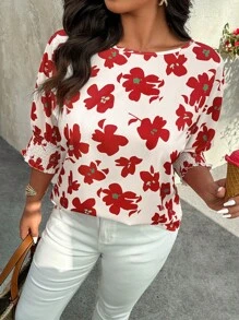 SHEIN LUNE Áo thun tay cánh dơi in hoa cỡ lớn thường ngày đi nghỉ - Nhiều màu - Xem 5