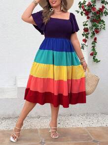 SHEIN Clasi 大码扎染荷叶边肩部荷叶边拼接拼色中长连衣裙，LGBT 彩虹 A 字裙 - 彩色 - 查看 5