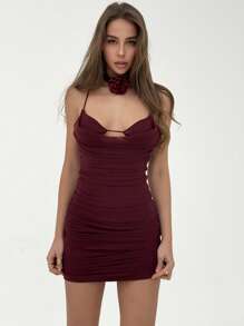 Aloruh Elegant Accordion Pleated Hollow-Out Cross Back Mini Bodycon Slip Dress, Fashionable For Dates - Burgundy - View 3
