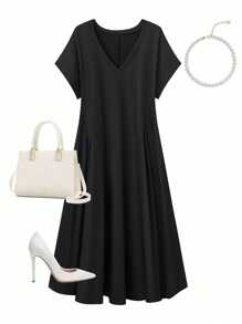 SHEIN LUNE 女士优雅夏季黑色连衣裙，宽松针织连衣裙，V 领，侧褶和喇叭下摆，加大码 - 黑色 - 查看 1